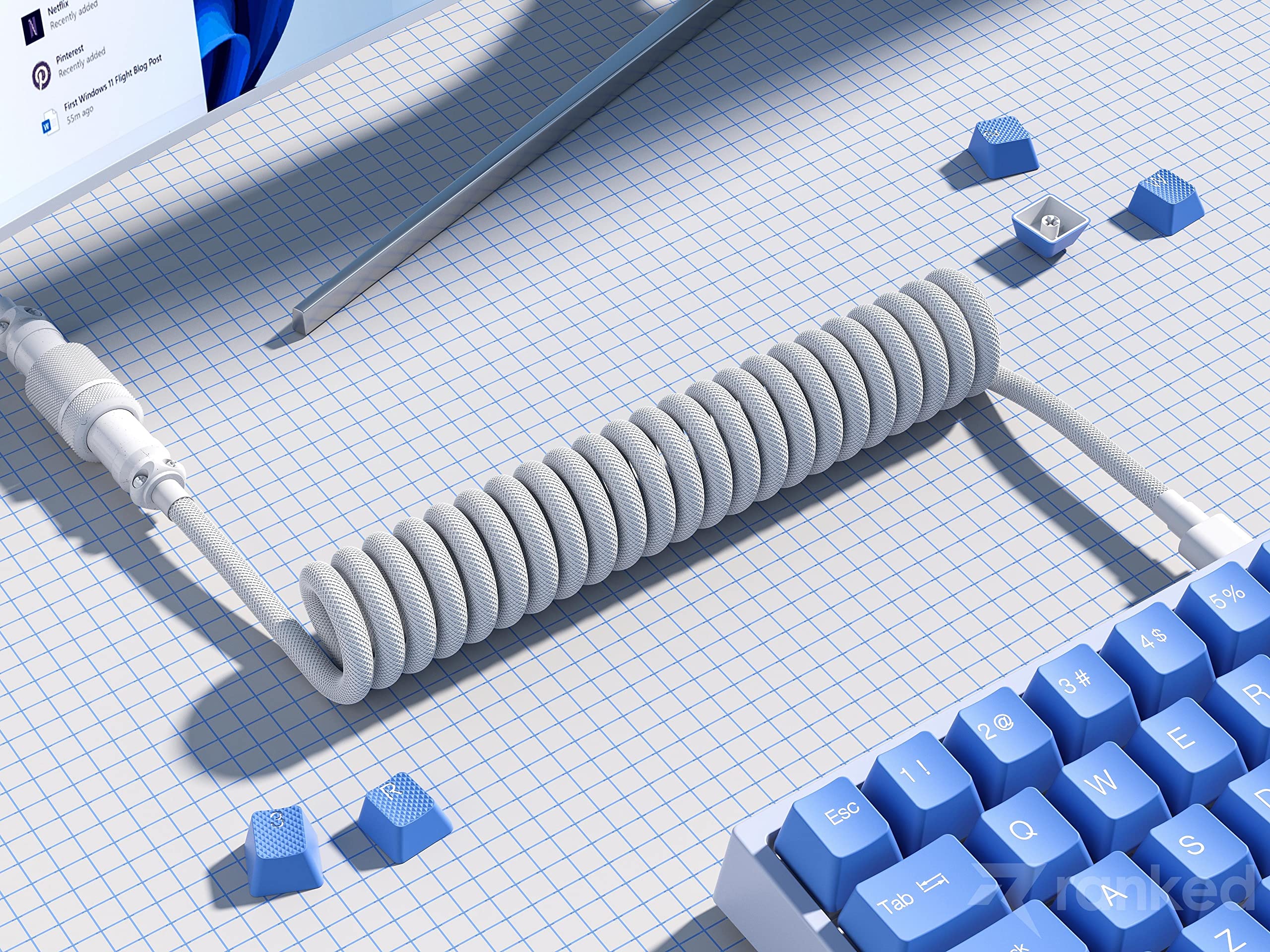 Ranked Coiled Keyboard Cable | Handcrafted Double-Sleeved Braided Cable | USB Type C to A | 5-Pin Aviator Connector for Custom Mechanical Gaming Keyboard | Support Fast Charge 20W (White) - Image 3