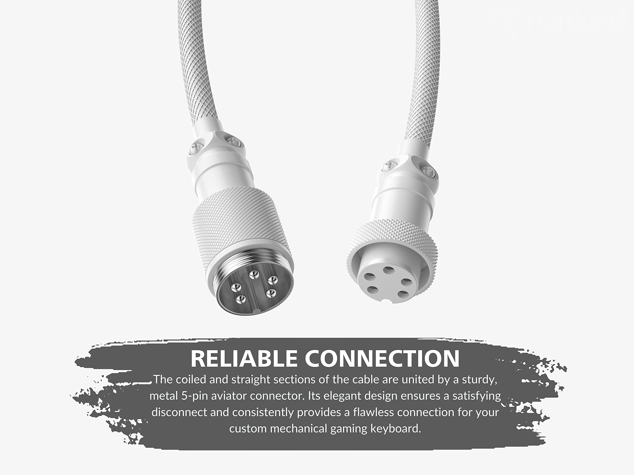 Ranked Coiled Keyboard Cable | Handcrafted Double-Sleeved Braided Cable | USB Type C to A | 5-Pin Aviator Connector for Custom Mechanical Gaming Keyboard | Support Fast Charge 20W (White) - Image 4