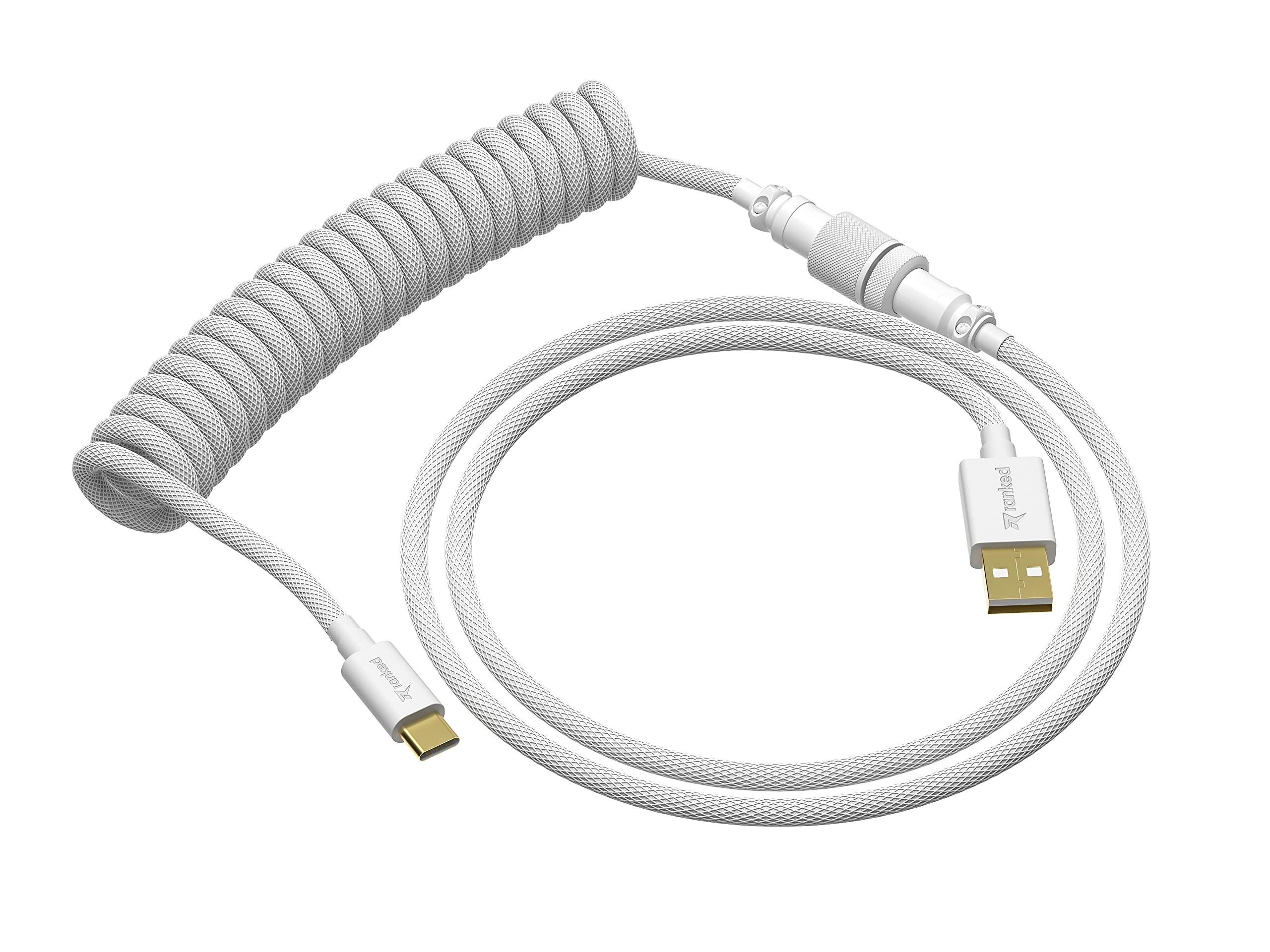 Ranked Coiled Keyboard Cable | Handcrafted Double-Sleeved Braided Cable | USB Type C to A | 5-Pin Aviator Connector for Custom Mechanical Gaming Keyboard | Support Fast Charge 20W (White) - Image 7