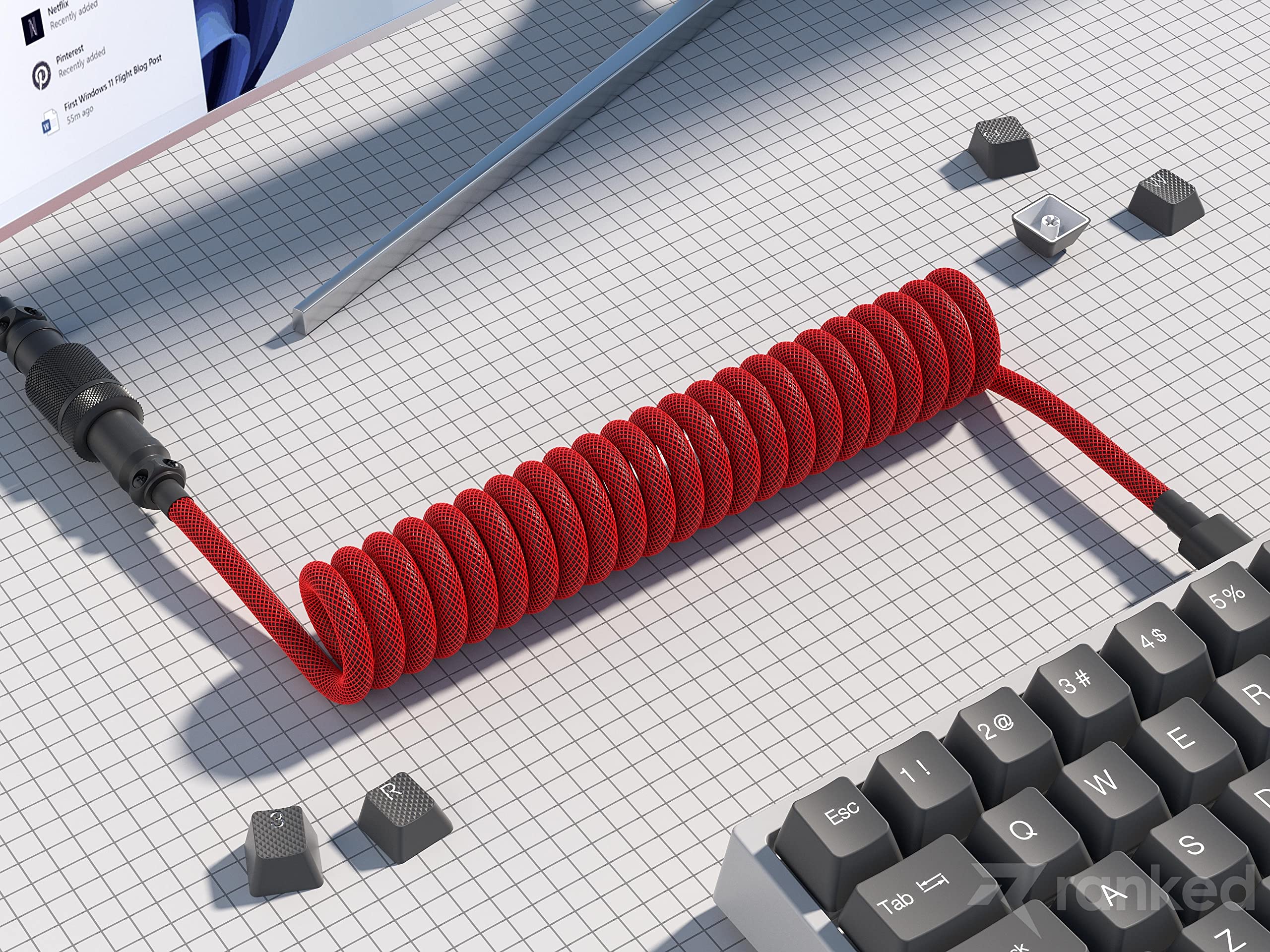 Ranked Coiled Keyboard Cable | Handcrafted Double-Sleeved Braided Cable | USB Type C to A | 5-Pin Aviator Connector for Custom Mechanical Gaming Keyboard | Support Fast Charge 20W (Ponciana Red) - Image 3