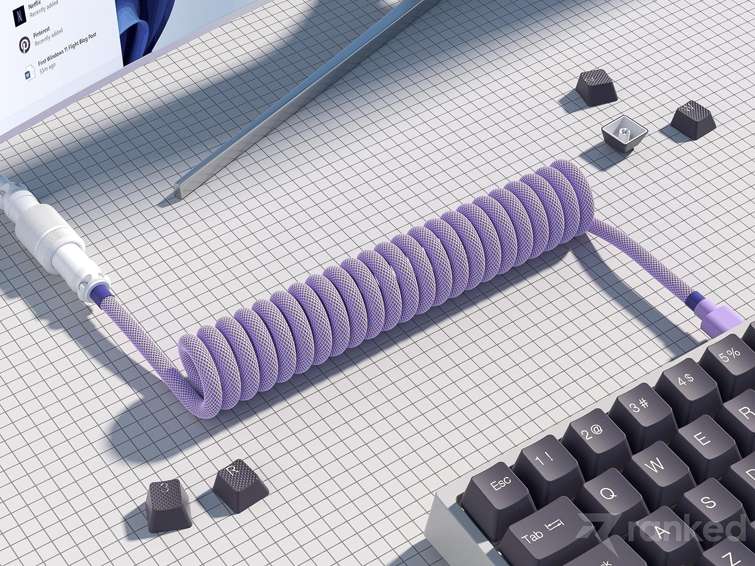 Ranked Coiled Keyboard Cable | Handcrafted Double-Sleeved Braided Cable | USB Type C to A | 5-Pin Aviator Connector for Custom Mechanical Gaming Keyboard | Support Fast Charge 20W (Lavender) - Image 3