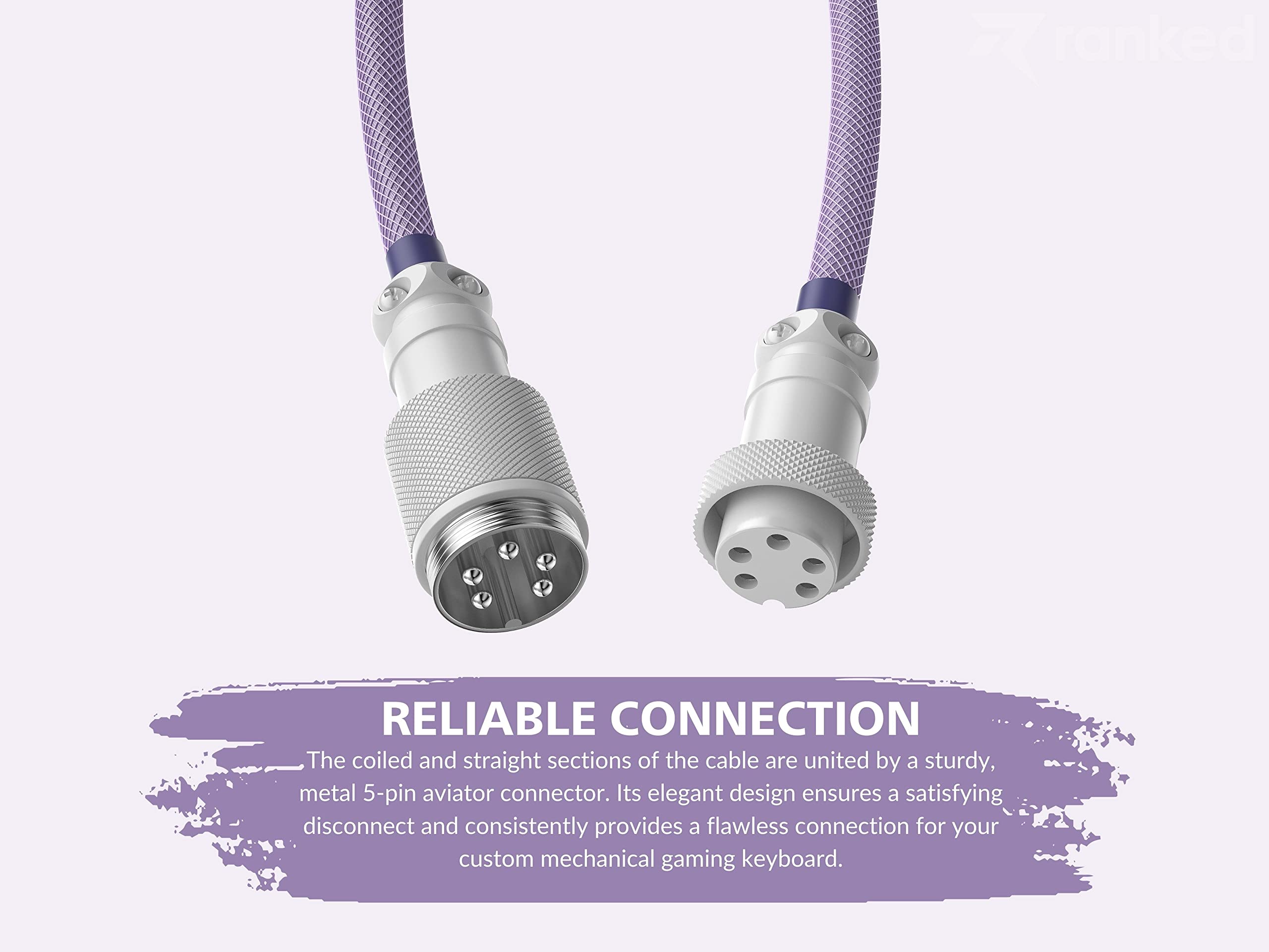 Ranked Coiled Keyboard Cable | Handcrafted Double-Sleeved Braided Cable | USB Type C to A | 5-Pin Aviator Connector for Custom Mechanical Gaming Keyboard | Support Fast Charge 20W (Lavender) - Image 4