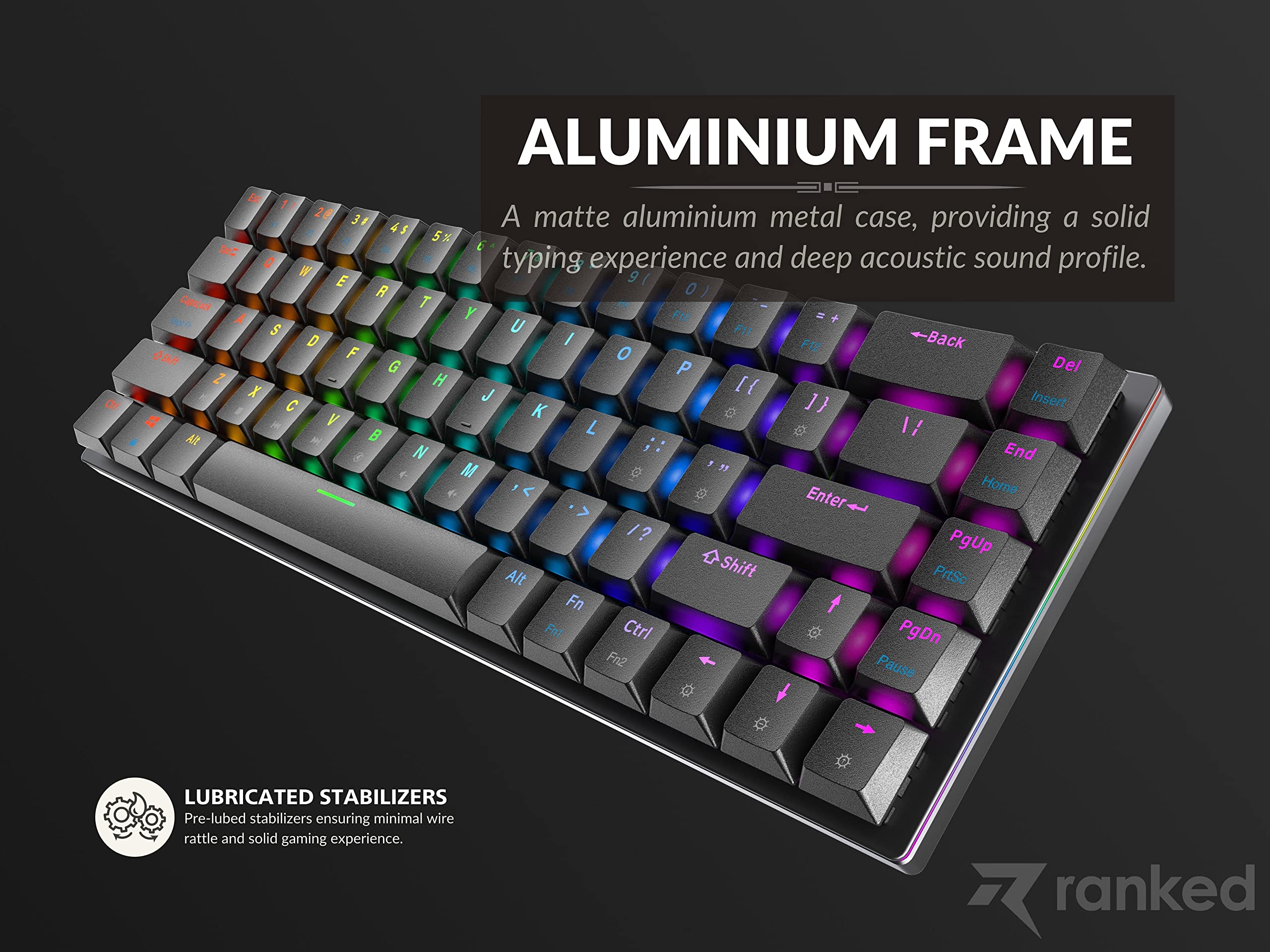 Ranked G65 Guardian 65% | Full Aluminum Frame | Ultra Slim Hot Swappable Mechanical Gaming Keyboard | 68 Keys Multi Color RGB LED Backlit for PC/Mac Gamer (Black, Gateron Low Profile Blue) - Image 5