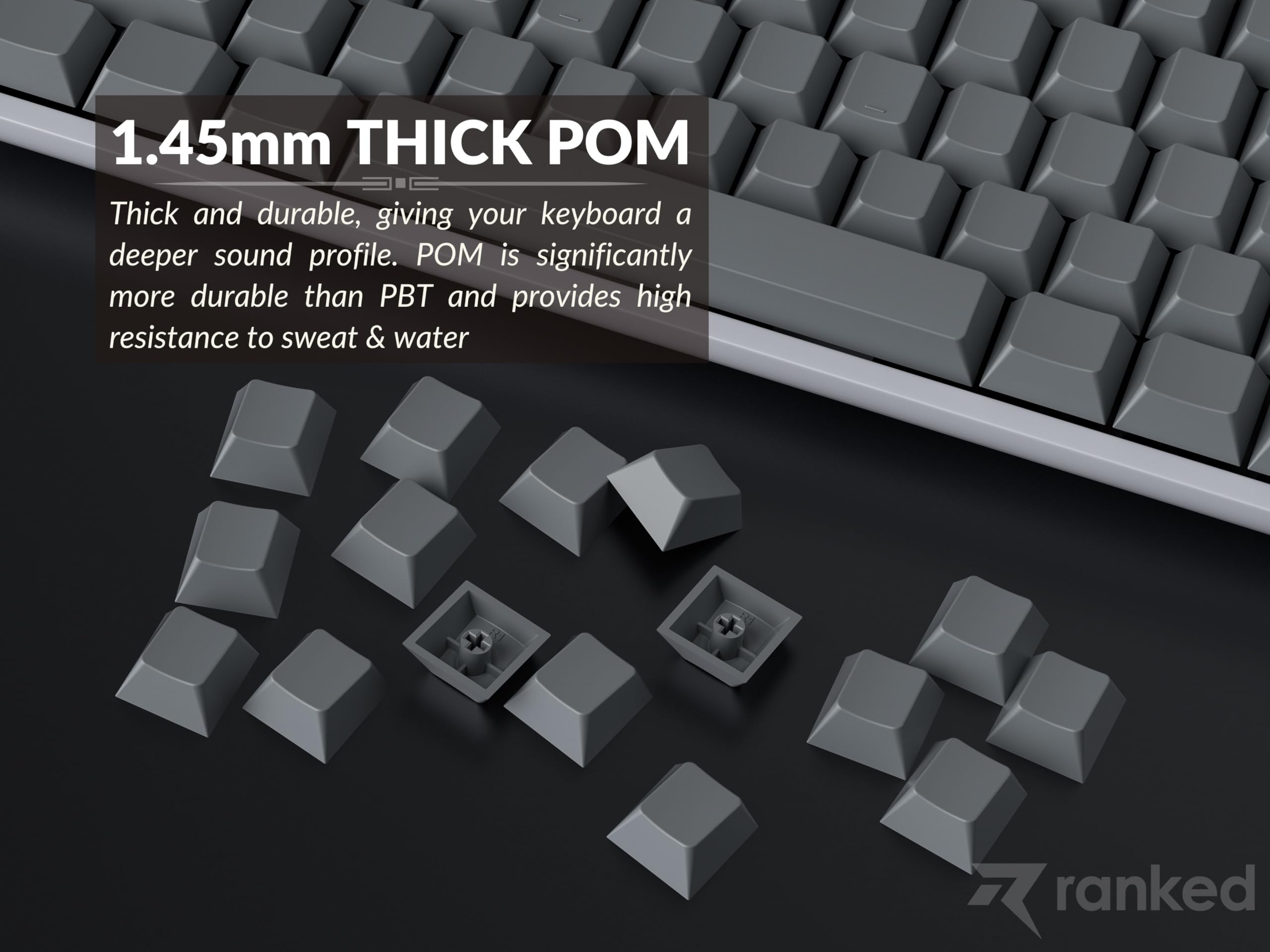 Ranked POM Blank Premium Keycap Set | 1.45 mm Thick POM | Cherry Profile for Custom Mechanical Keyboard (Ash Grey, 169 Keys) - Image 6