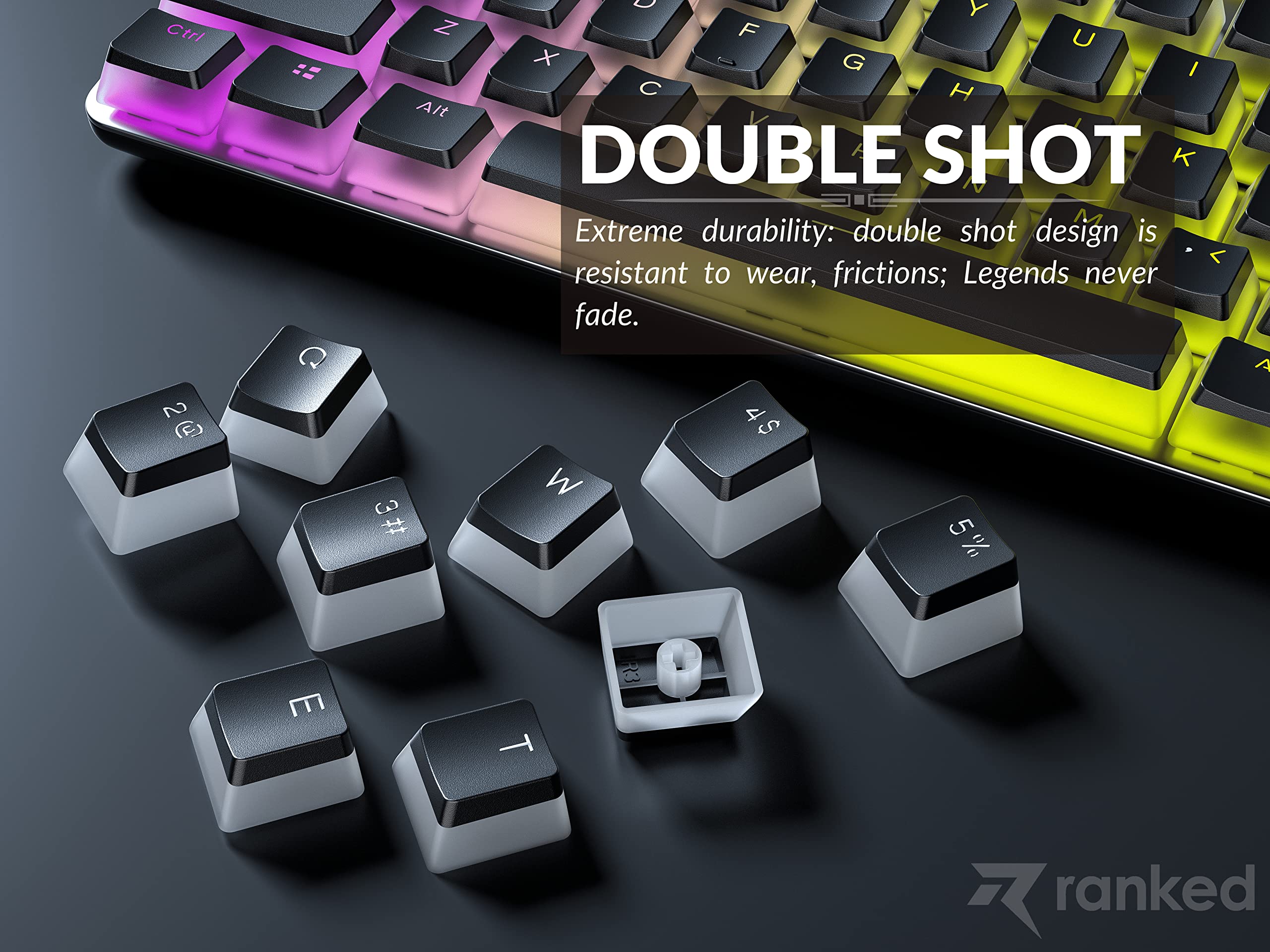 Ranked Pudding PBT Keycaps | 112 Double Shot Translucent ANSI US & ISO Layout | OEM Profile for RGB Mechanical Gaming Keyboard (Black) - Image 3