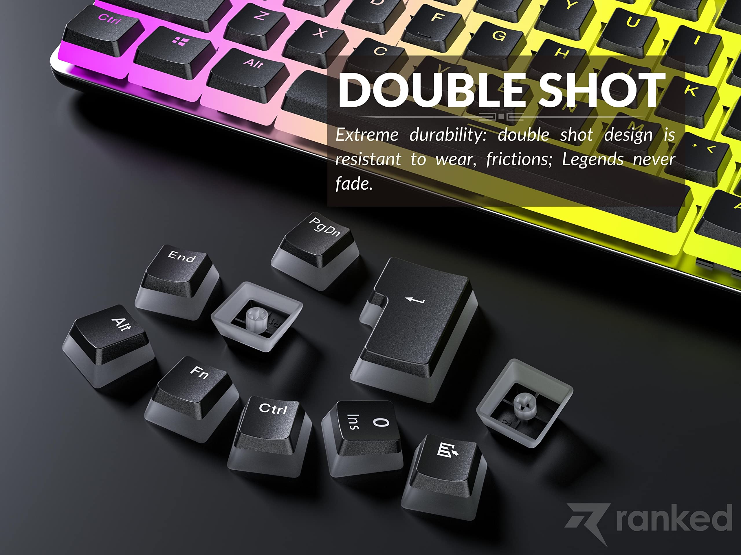 Ranked Pudding v2 PBT Keycaps | 145 Double Shot Translucent ANSI US & ISO Layout | OEM Profile for Full Size, TKL, 75%, 65% and 60% RGB Mechanical Gaming Keyboard (Black) - Image 5